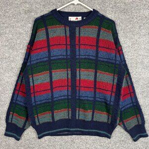 VINTAGE Florence Tricot Plaid Sweater geometric‎ Wool Men Sz M Italy Multicolor